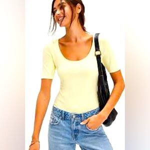 Free People Yellow Fitted Short Sleeve Bodysuit